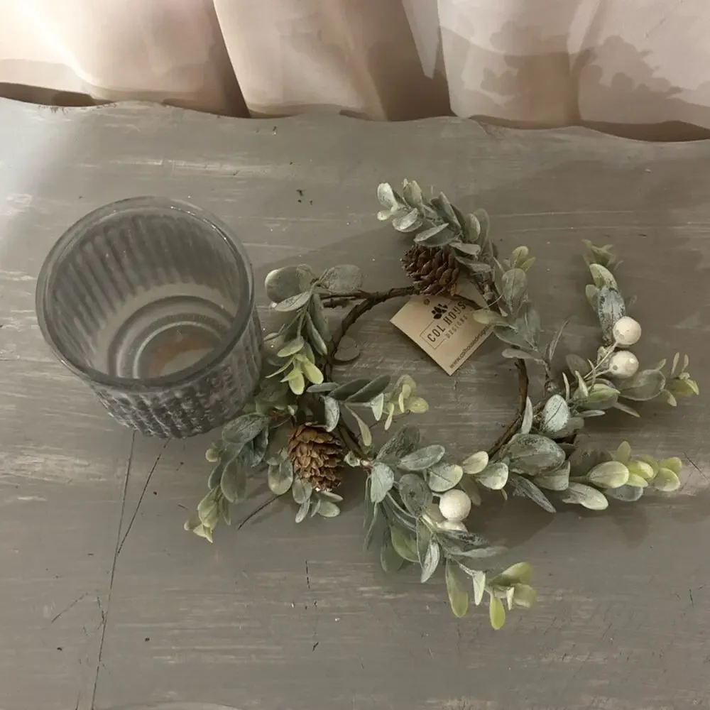 Rustic Gray Glass Candle Holder w/ 4” Candle Ring Holiday Greens & Pinecones